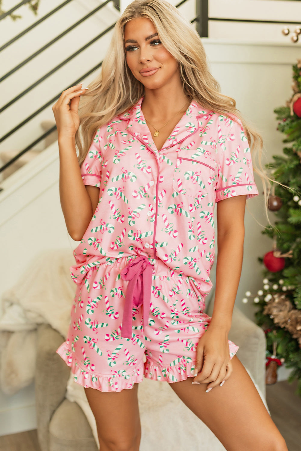 Green Christmas Candy Cane Print Ruffle Hem Pajama Set